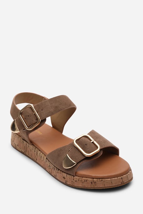 Where's That From Women's Iridia Double Buckle Camel Suede Low Wedge Sandal - Image 3