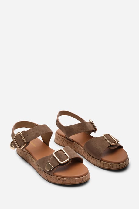 Where's That From Women's Iridia Double Buckle Camel Suede Low Wedge Sandal - Image 4