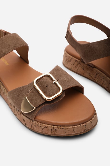 Where's That From Women's Iridia Double Buckle Camel Suede Low Wedge Sandal - Image 5