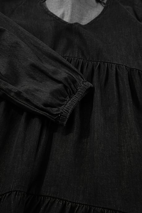 Black Puff Sleeve V Neck Tiered Ruffled Chambray Mini Dress - Image 3