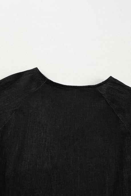 Black Puff Sleeve V Neck Tiered Ruffled Chambray Mini Dress - Image 5