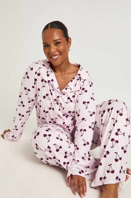 Plus Cherry Print Long Sleeve & Trouser PJ Set - Image 1