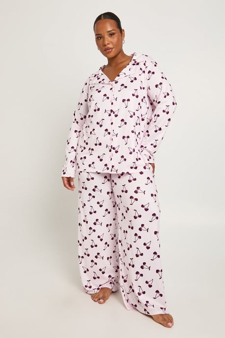 Plus Cherry Print Long Sleeve & Trouser PJ Set - Image 3