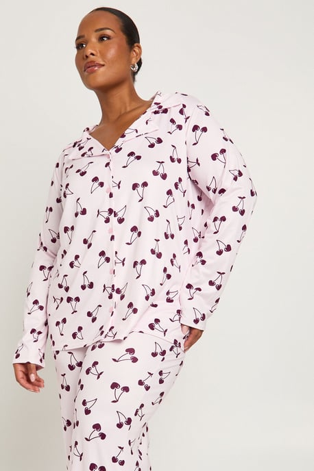 Plus Cherry Print Long Sleeve & Trouser PJ Set - Image 4