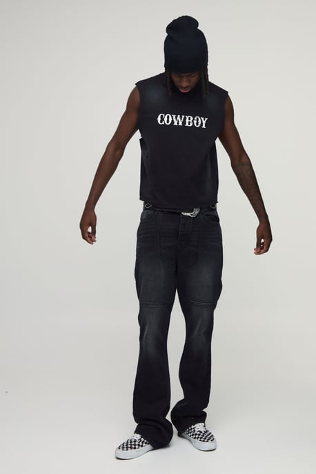 Slim Stacked Flared Western Seam Detail Jeans - Image 4