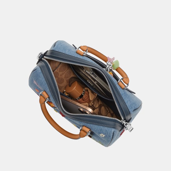 Rowan Satchel Bag In Signature Denim With Patches And Embroidery - Image 3