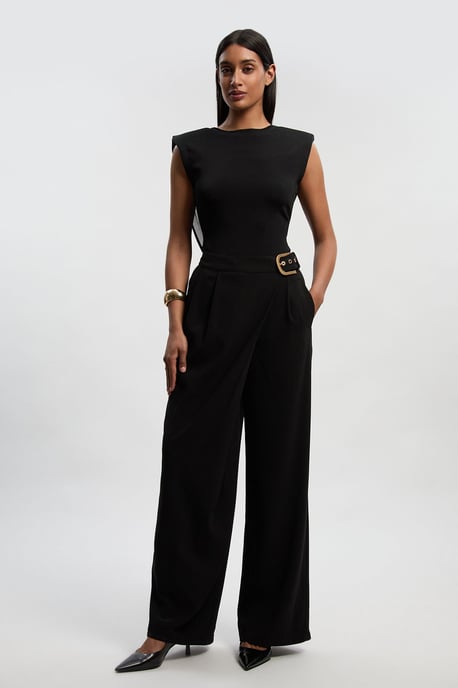 Tailored Crepe Asymmetric Buckle Detail Wide Leg Trouser - Image 1