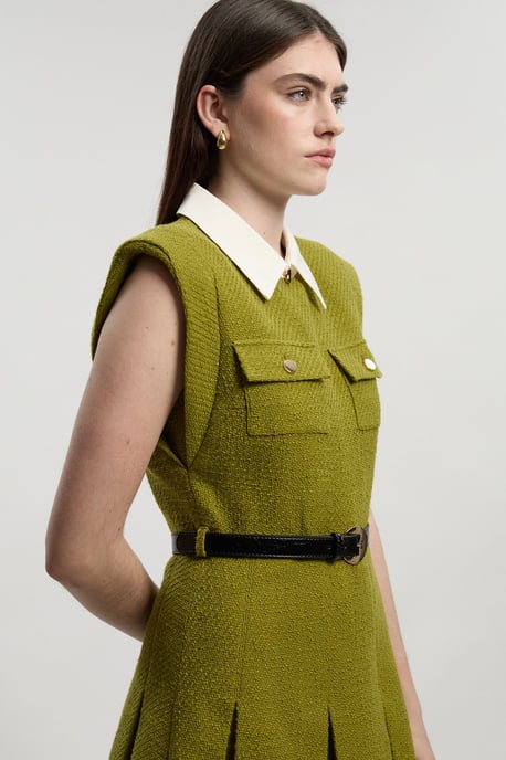 Textured Tweed Contrast Collar Pleated Tailored Mini Dress - Image 2