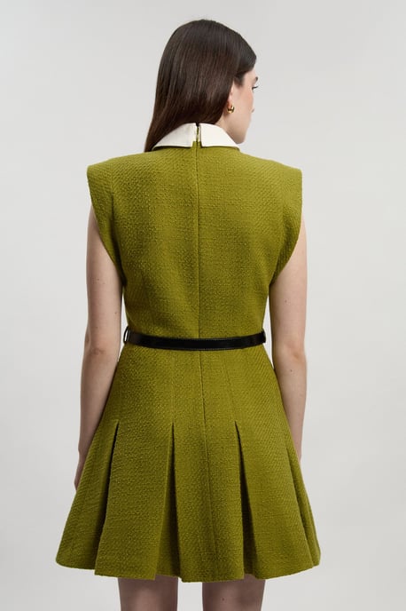 Textured Tweed Contrast Collar Pleated Tailored Mini Dress - Image 4