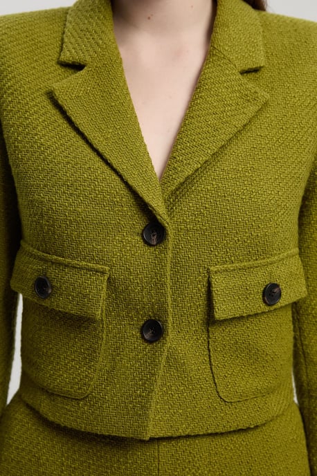 Textured Tweed Pocket Front Tailored Cropped Jacket - Image 3