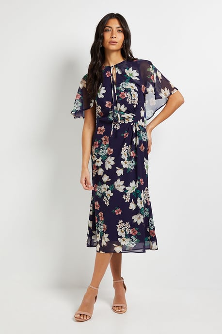 Cape Sleeve Ruched Midi Dress - Image 1