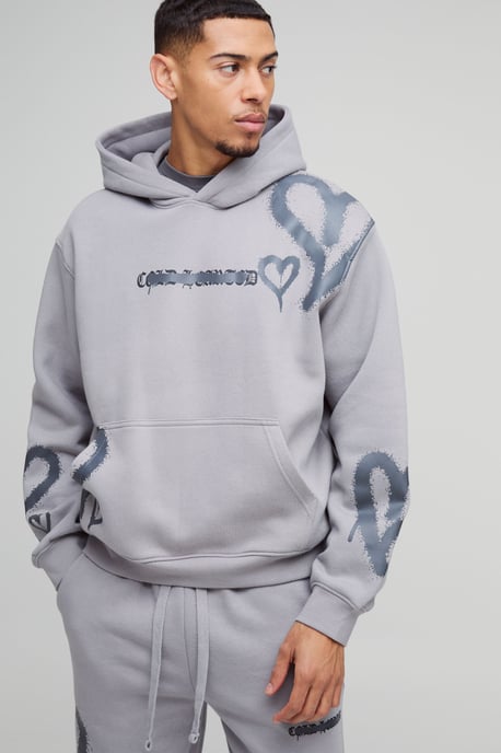 Oversized Boxy All Over Heart Printed Hooded Tracksuit - Image 3