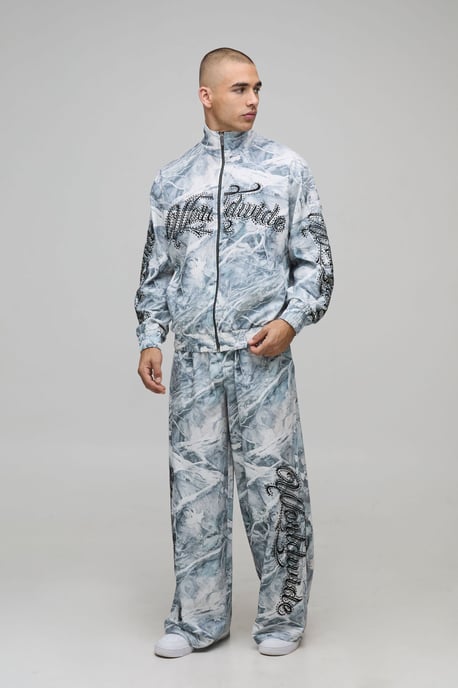 Boxy Fit Funnel Neck Zip Through Rhinestone Camo Woven Tracksuit - Image 1
