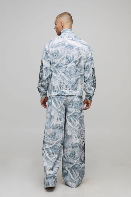 Boxy Fit Funnel Neck Zip Through Rhinestone Camo Woven Tracksuit - Image 2