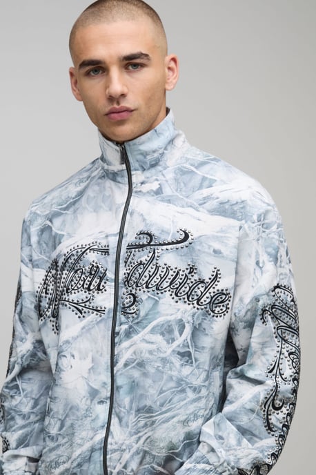 Boxy Fit Funnel Neck Zip Through Rhinestone Camo Woven Tracksuit - Image 3