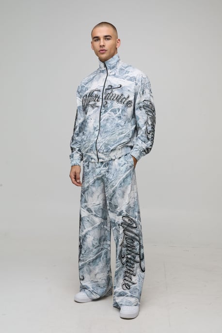 Boxy Fit Funnel Neck Zip Through Rhinestone Camo Woven Tracksuit - Image 4