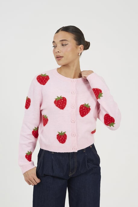 Pink Soft Touch Strawberry Jacquard Knit Cardigan - Image 1