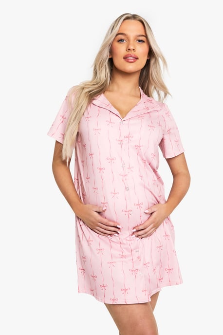 Maternity Bow Print Button Through Collar Nightie - Image 1