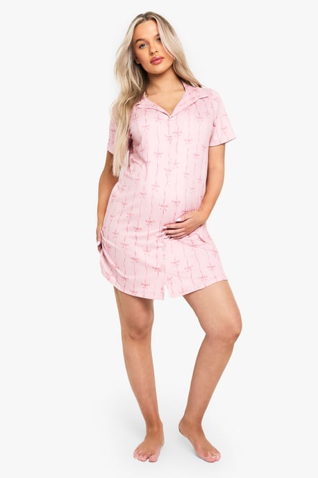 Maternity Bow Print Button Through Collar Nightie - Image 3