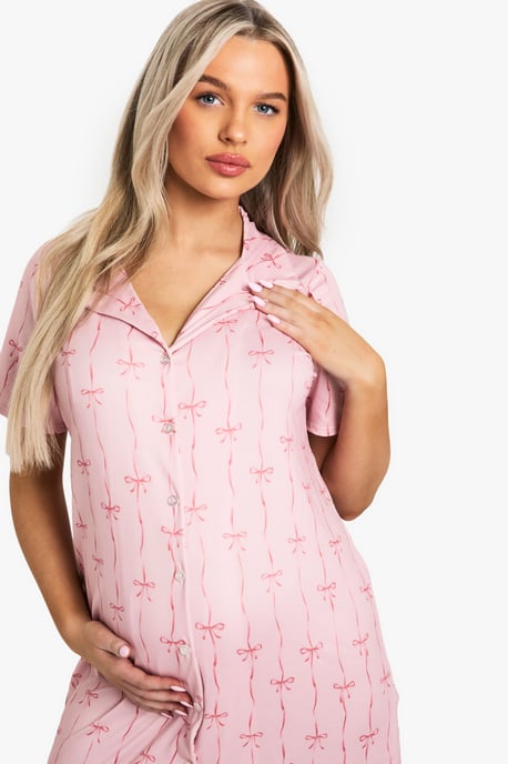 Maternity Bow Print Button Through Collar Nightie - Image 4
