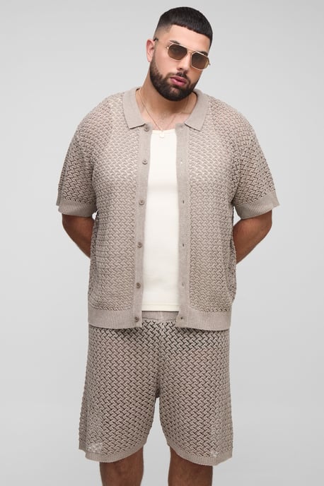 Plus Oversized Boxy Open Crochet Shirt & Short Set - Image 1