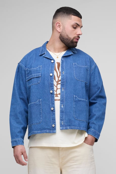 Plus Oversized Boxy Carpenter Pocket Denim Shirt - Image 1