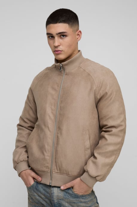 Raglan Regular Fit Funnel Neck Faux Suede Bomber Jacket - Image 1