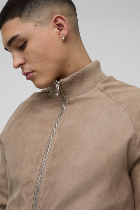 Raglan Regular Fit Funnel Neck Faux Suede Bomber Jacket - Image 3