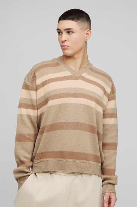 Oversized Boxy V Neck Striped Knitted Jumper - Image 1
