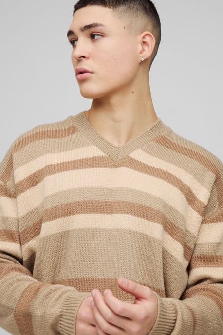 Oversized Boxy V Neck Striped Knitted Jumper - Image 3