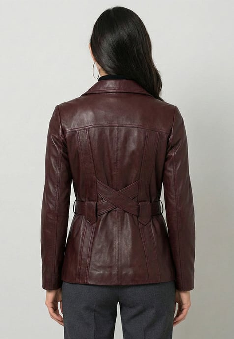 Leather Jacket Belted Button-Up Classic Leather Jacket - Image 2