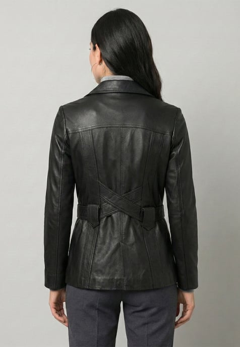 Leather Jacket Belted Button-Up Classic Leather Jacket - Image 2