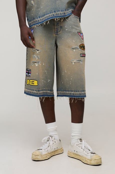 Washed Moto Badge Longline Jorts - Image 1