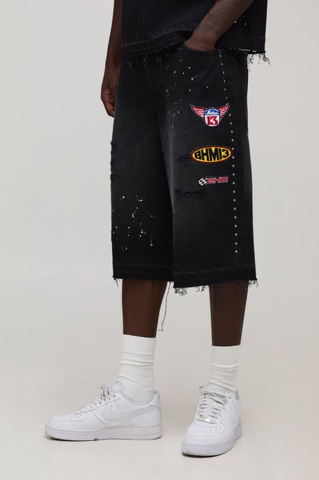 Washed Moto Badge Longline Jorts - Image 1