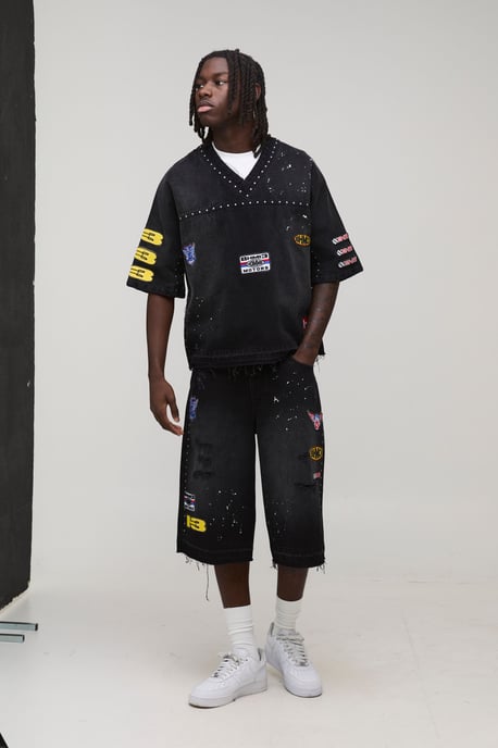 Washed Moto Badge Longline Jorts - Image 4