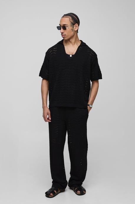 Relaxed Boxy V Neck Texture Knitted Trouser and Polo Set - Image 1