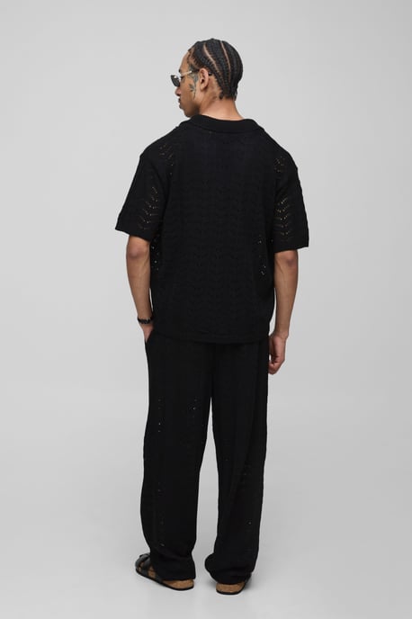 Relaxed Boxy V Neck Texture Knitted Trouser and Polo Set - Image 2