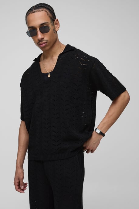 Relaxed Boxy V Neck Texture Knitted Trouser and Polo Set - Image 3