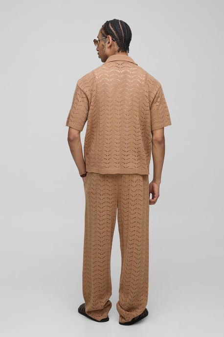 Relaxed Boxy V Neck Texture Knitted Trouser and Polo Set - Image 2