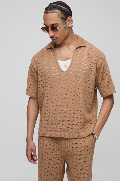 Relaxed Boxy V Neck Texture Knitted Trouser and Polo Set - Image 3