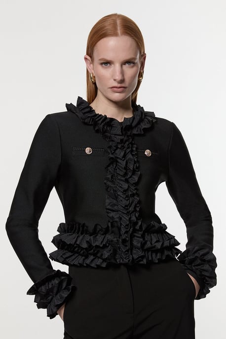 Figure Form Bandage Knit Jacket With Woven Ruffle Trim - Image 1