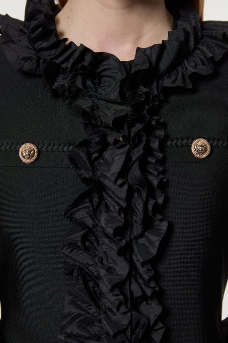 Figure Form Bandage Knit Jacket With Woven Ruffle Trim - Image 2