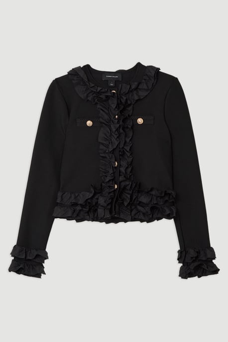 Figure Form Bandage Knit Jacket With Woven Ruffle Trim - Image 3