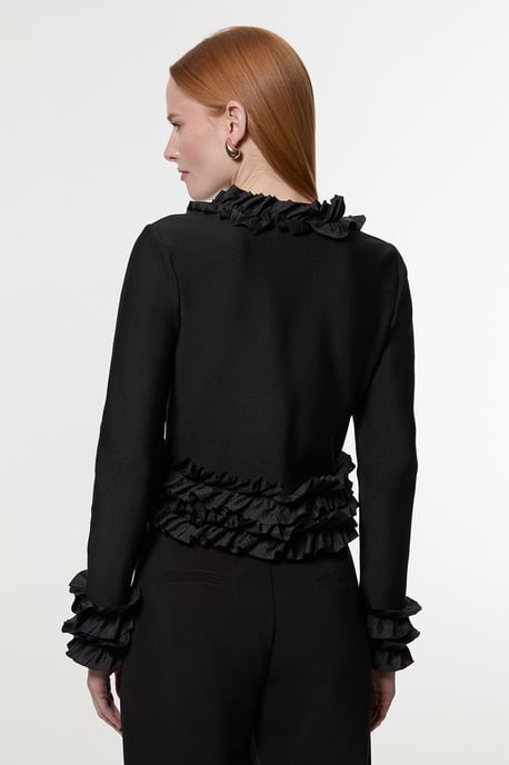 Figure Form Bandage Knit Jacket With Woven Ruffle Trim - Image 4