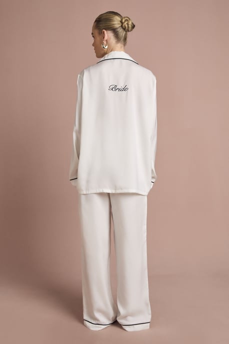 Bridal 'Bride' Satin Embroidered Long Sleeve Shirt & Trousers Pyjama Set - Image 3