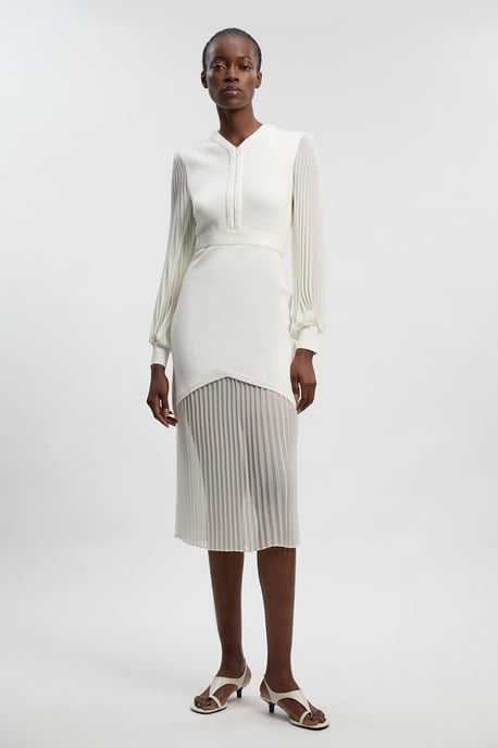 Woven Sleeved Pleated Dress With Pu - Image 1