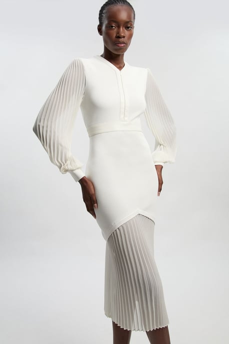 Woven Sleeved Pleated Dress With Pu - Image 2