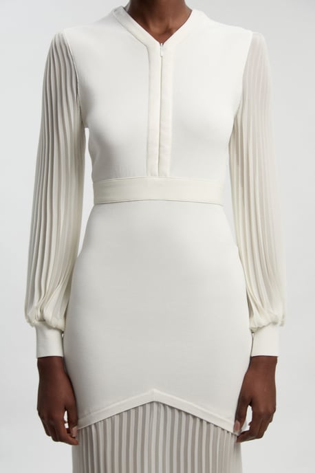 Woven Sleeved Pleated Dress With Pu - Image 3