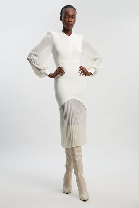 Woven Sleeved Pleated Dress With Pu - Image 4