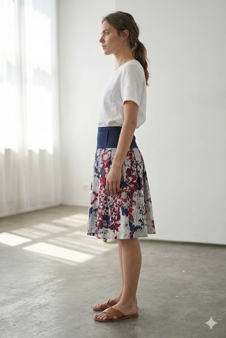 Geplooide A-lijn rok met bloemenprint en contrasterende marineblauwe tailleband. - Image 3
